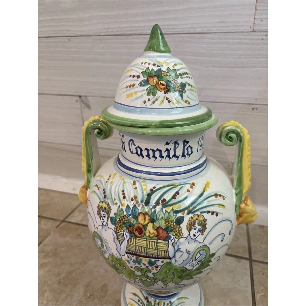 Vintage Di Camillo Biscotti 1920 Italy Hand Painted Majolica Ceramic Lidded Urn